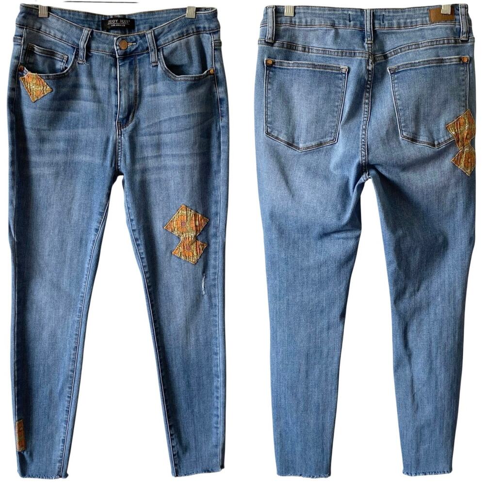JUDY BLUE Patchwork Skinny Jeans Medium Blue Wash Size 30 Raw Hem